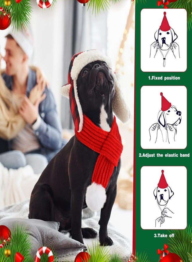 طقم سيل تراينجل مكون من قطعتين: قبعة للكلاب مع واقيات للأذنين ووشاح محبوك أحمر، قبعة شتوية دافئة قابلة للتعديل للكلاب الصغيرة والمتوسطة والكبيرة، بنقشة مربعات حمراء وسوداء. - Image 4